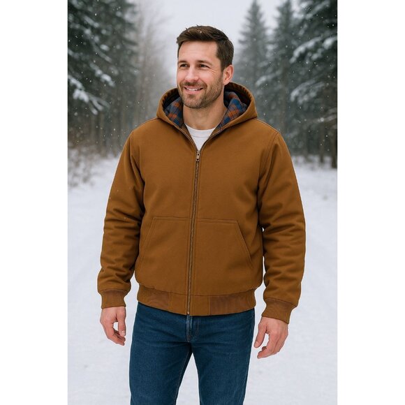 Woolrich Men's XL Canvas Hooded Jacket Plaid Kangaroo Pocket Zipper Hoodie Brown - Picture 1 of 11